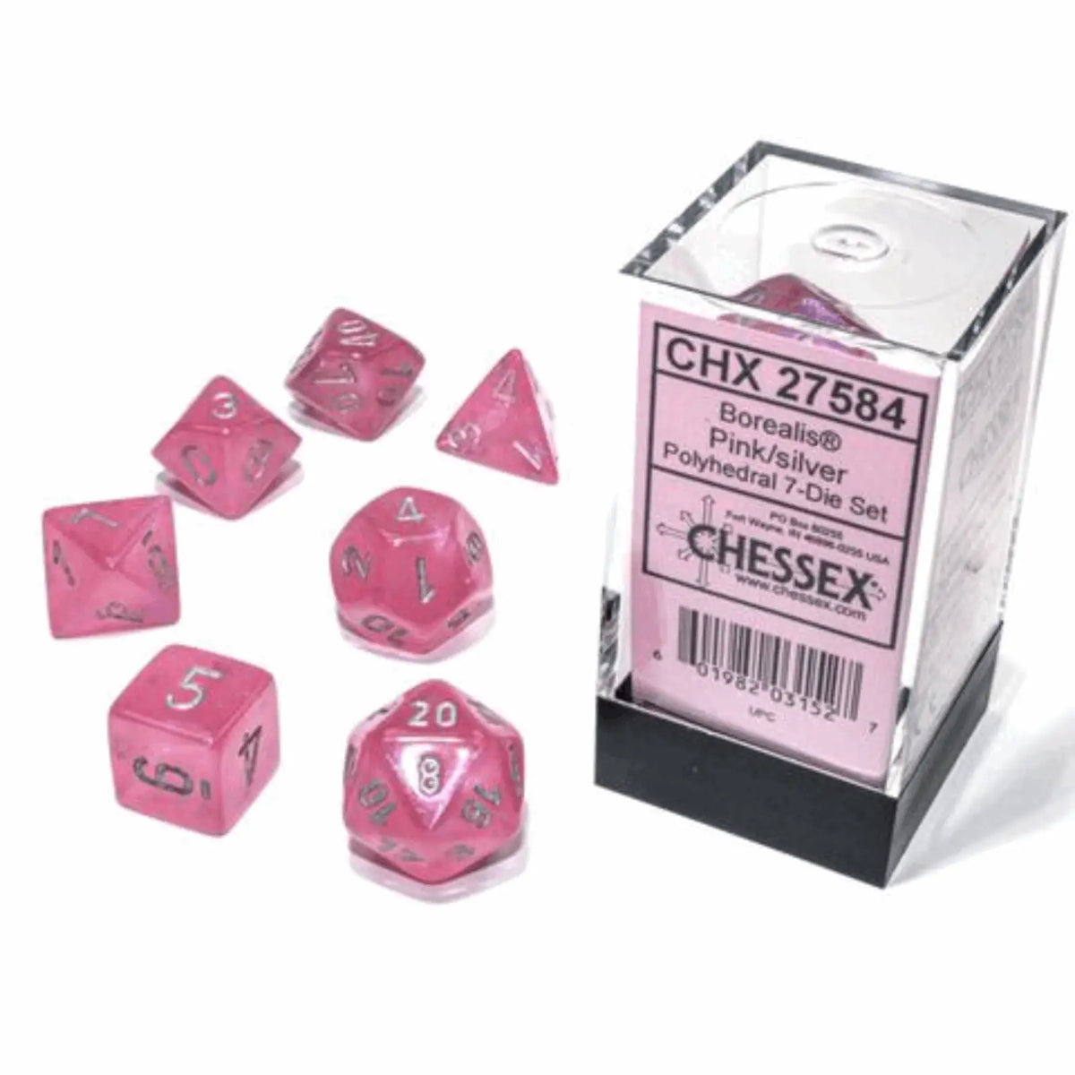 Chessex - Borealis Polyhedral Pink/silver Luminary 7-Würfelset