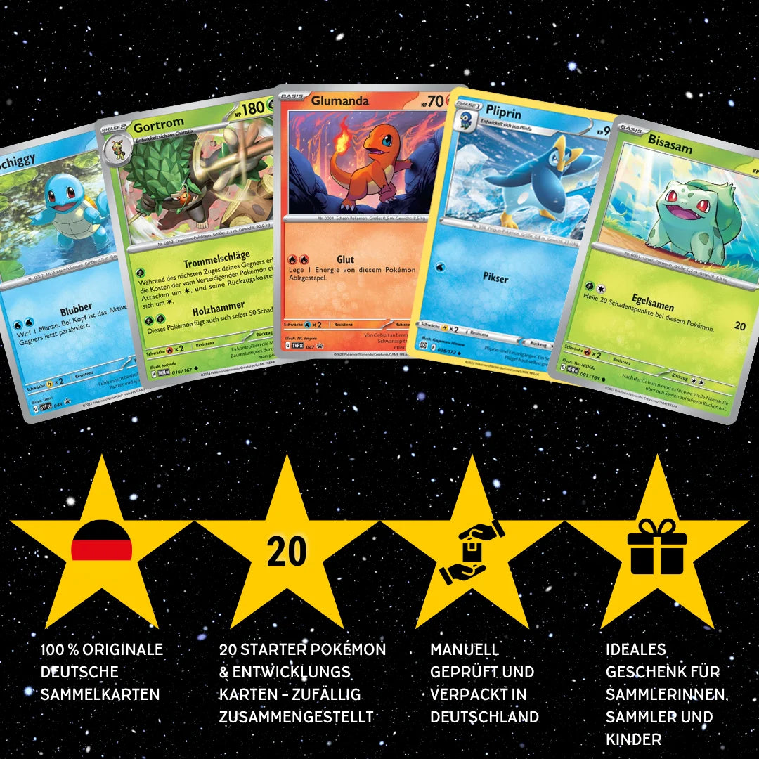 Set de cartes Pokémon Allemand – 20 cartes Pokémon de départ & évolutions – Assemblage aléatoire
