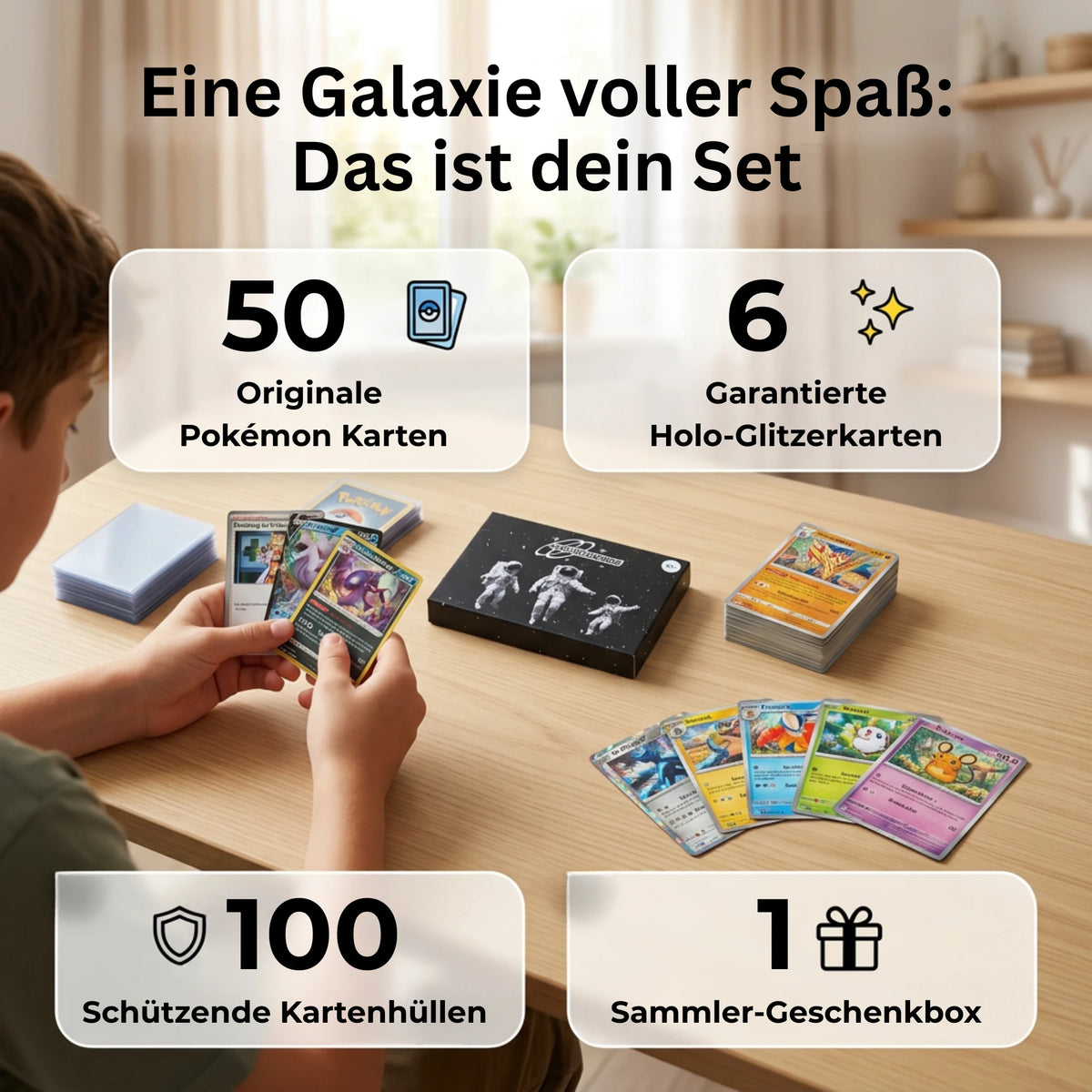 Pokémon Card Set English – 50 cards incl. 6 Holo + 100 Card Sleeves