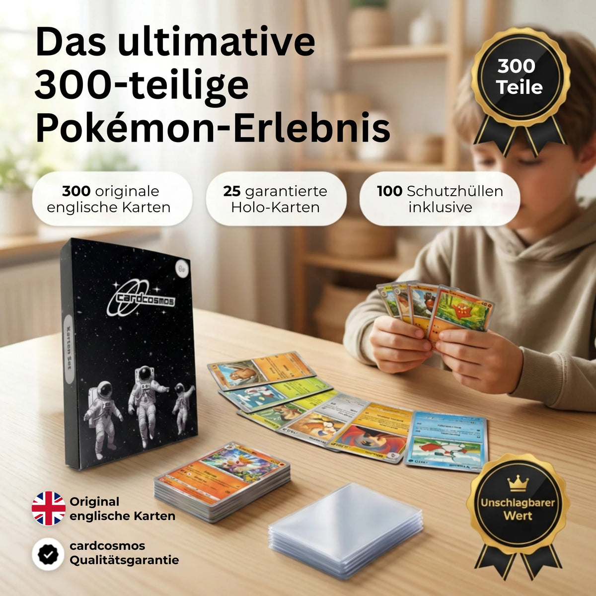 Pokémon Card Set English – 200 cards incl. 25 Holo + 100 Card Sleeves
