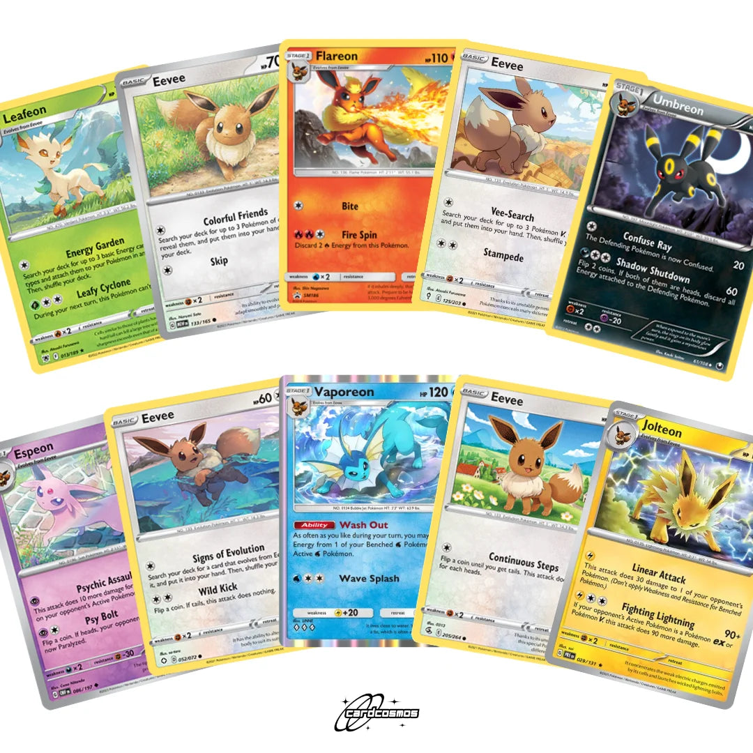 Set de cartes Pokémon Anglais – 10 cartes Evoli/Eevee & évolutions – Assemblage aléatoire