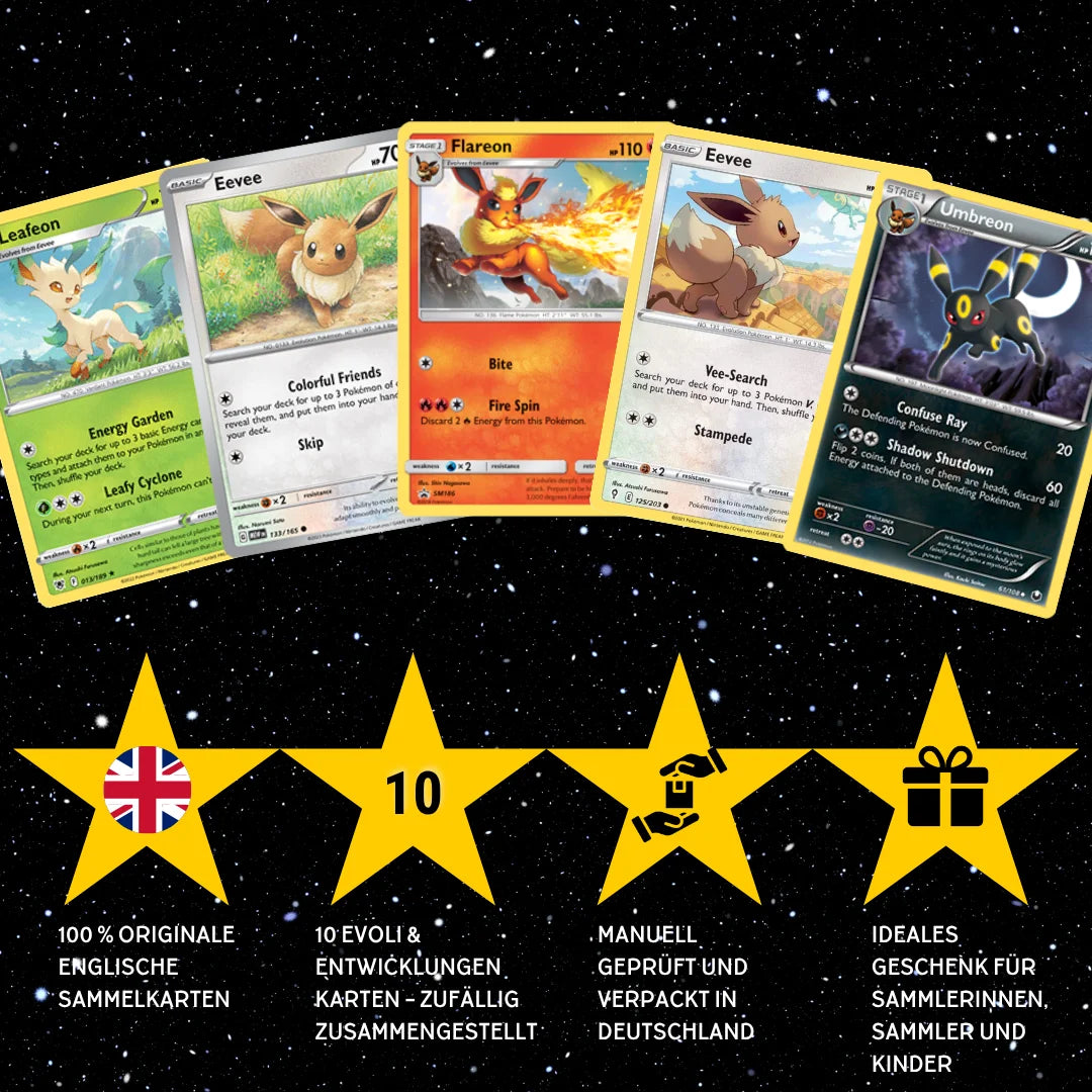 Set de cartes Pokémon Anglais – 10 cartes Evoli/Eevee & évolutions – Assemblage aléatoire