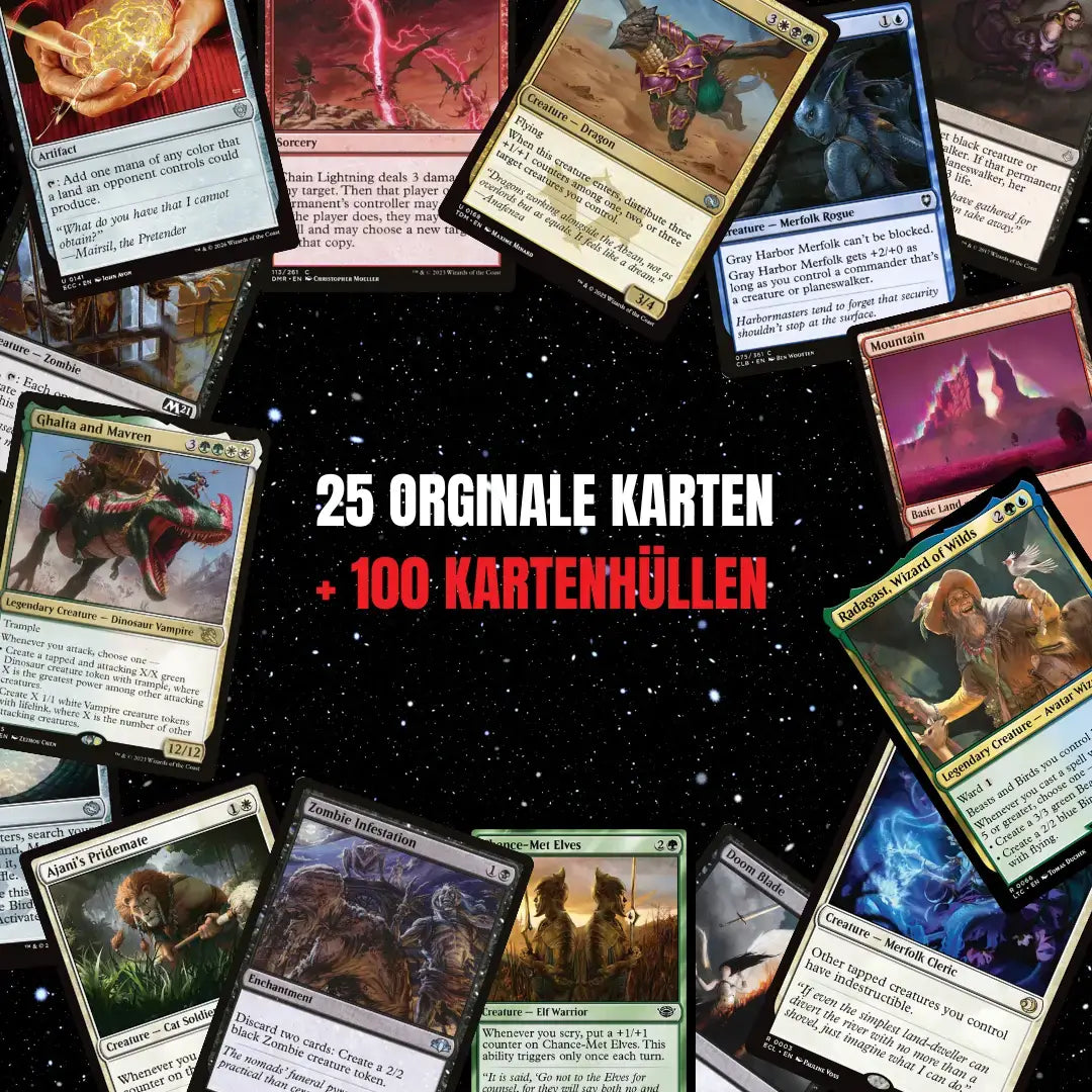 Magic: The Gathering Card Set English – 25 cards incl. 2 Rares + 100 Card Sleeves