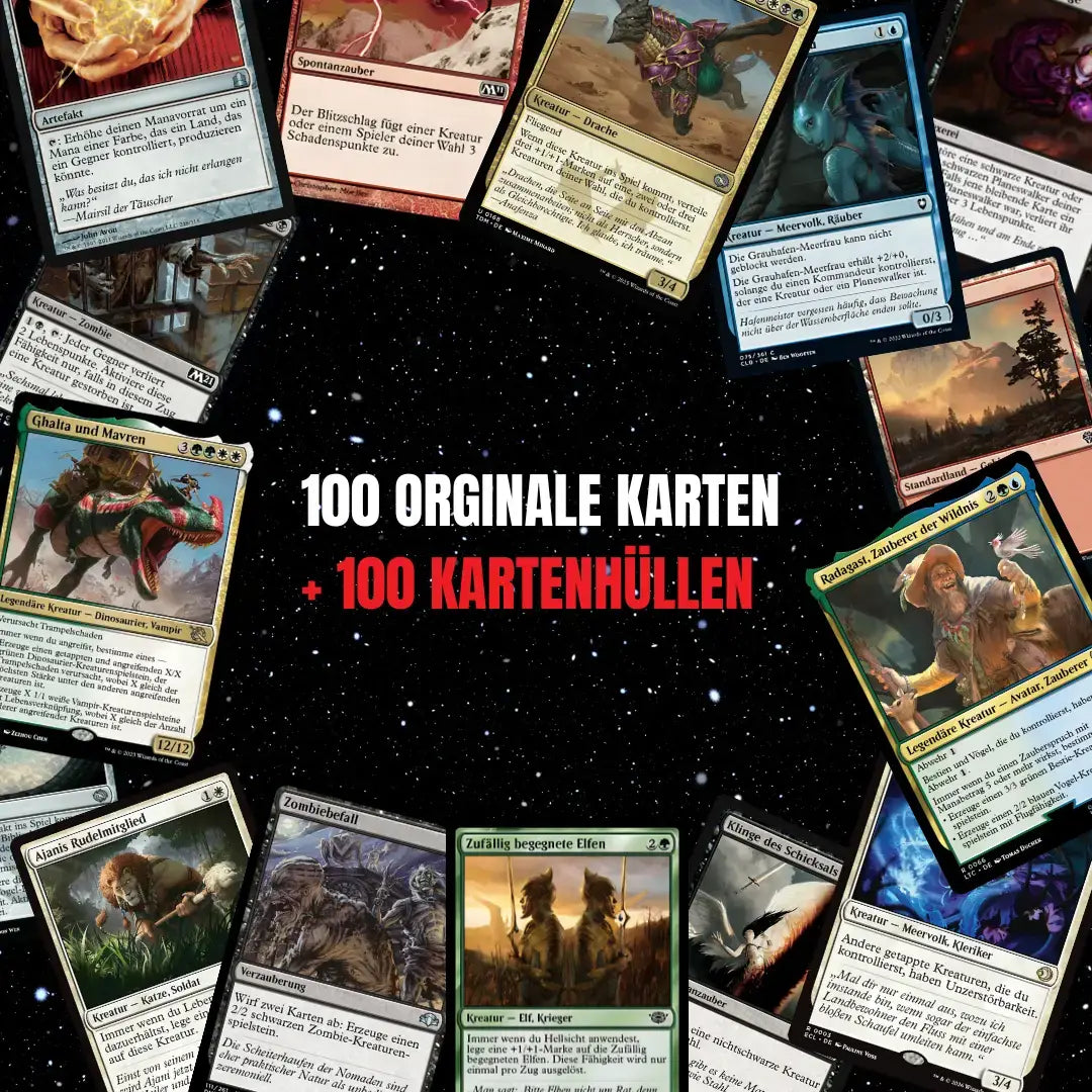 Magic: The Gathering Set de cartes Allemand – 100 cartes incl. 8 Rares & 2 Foils + 100 Protège cartes