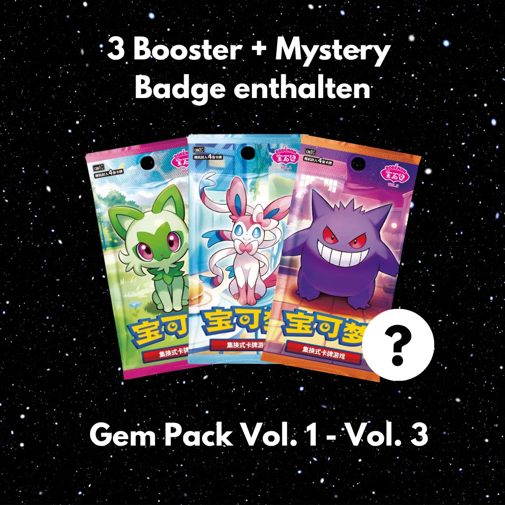 Set de badges Pokémon Gem Pack CHN – 3 Booster + Promo + Badge magnétique