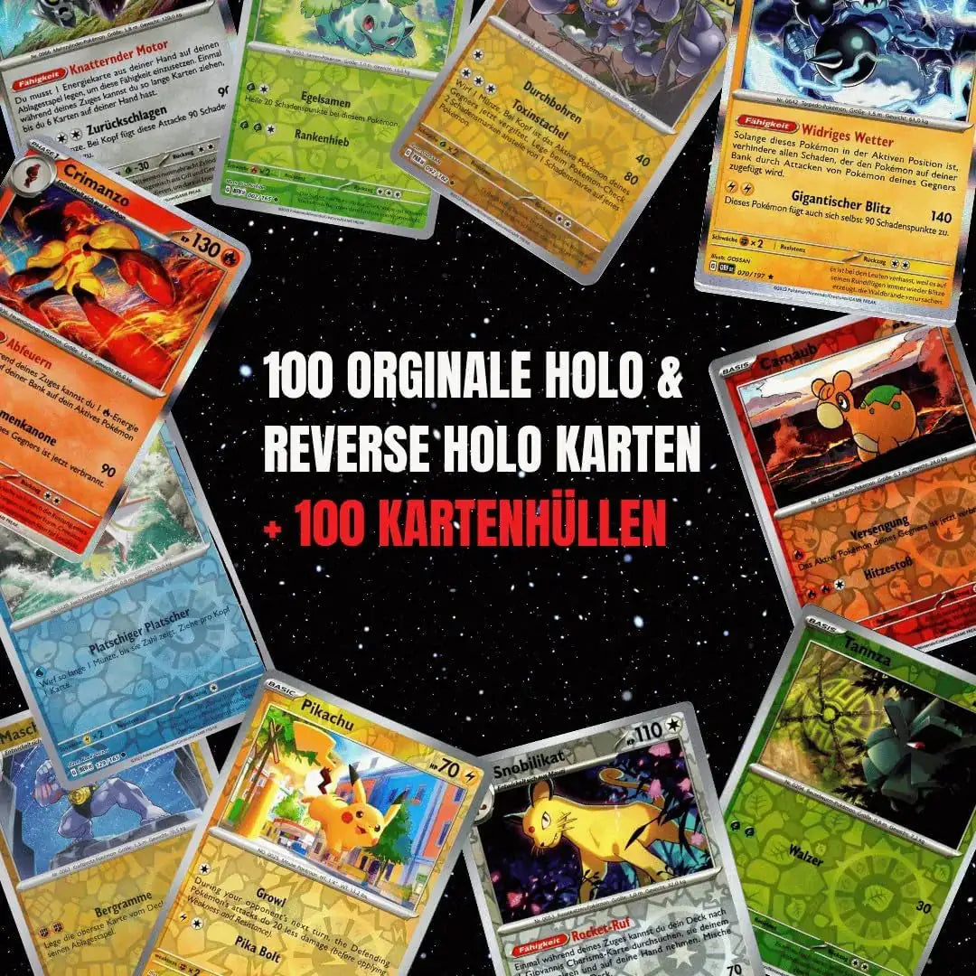 Pokémon Holo Karten Set Deutsch – 100 Holo & Reverse Holo Karten + 100 Kartenhüllen