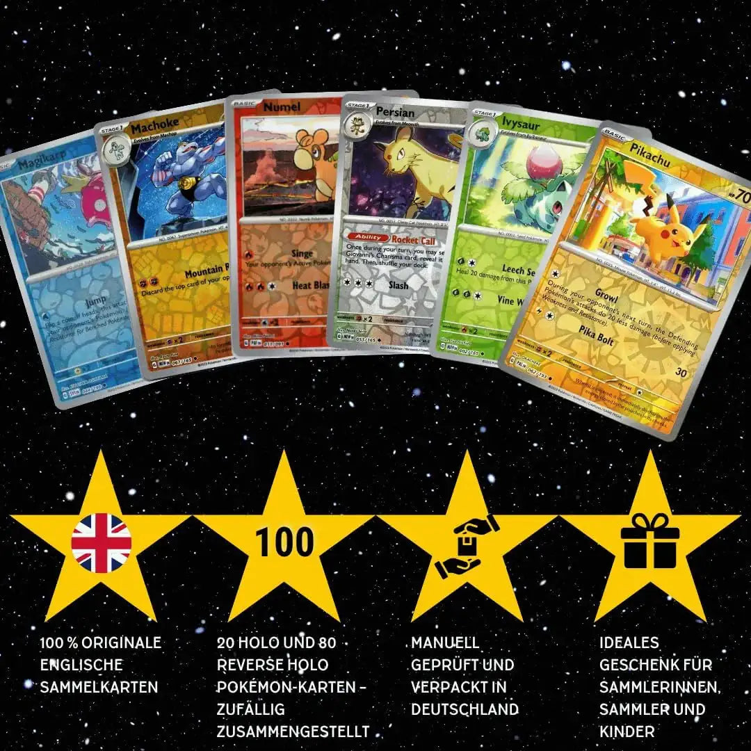Pokémon Holo Karten Set Englisch – 100 Holo & Reverse Holo Karten + 100 Kartenhüllen