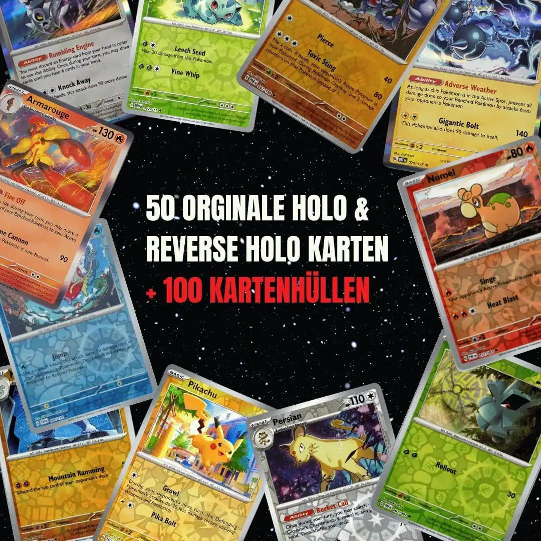 Pokémon Holo Karten Set Englisch – 50 Holo & Reverse Holo Karten + 100 Kartenhüllen