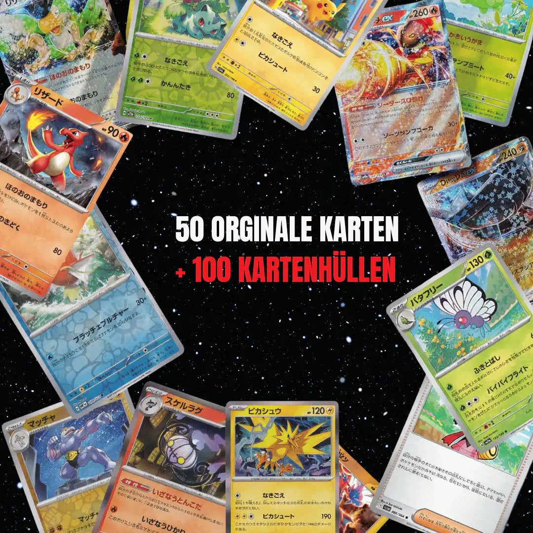 Pokémon Karten Set Japanisch – 50 Karten inkl. 6 Holo + 100 Kartenhüllen