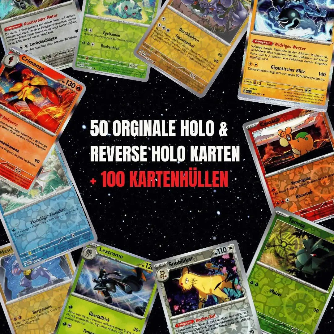 Pokémon Holo Karten Set Deutsch – 50 Holo & Reverse Holo Karten + 100 Kartenhüllen