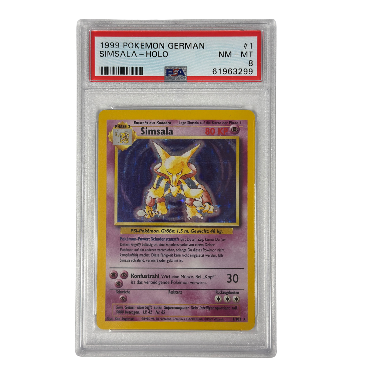 Pokémon - Alakazam Holo #1/102 Base Set (1999) German – PSA 8 NM-MT