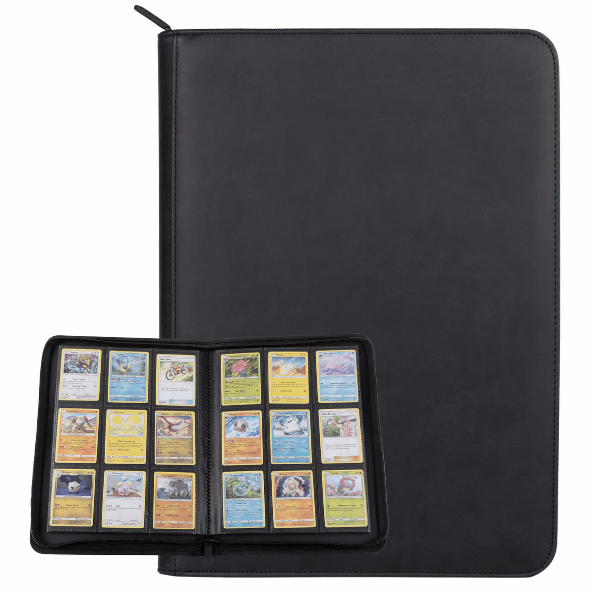 cardcosmos - 9 Pocket Zip Premium Leather Binder - Schwarz/Schwarz