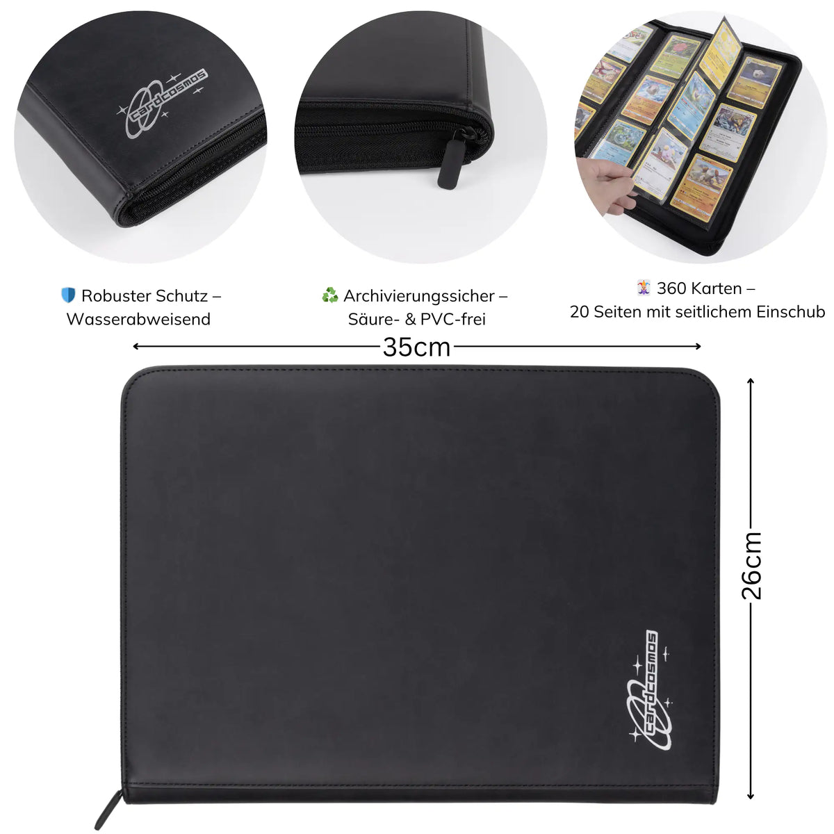 cardcosmos - 9 Pocket Zip Premium Leather Binder - Schwarz/Silber